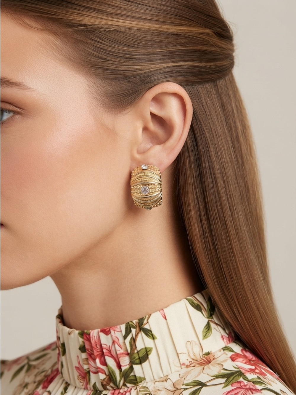 Vintage 80s Gold Dome Earrings | Ribbed Rhinestone Statement - Picture 12 of 14
